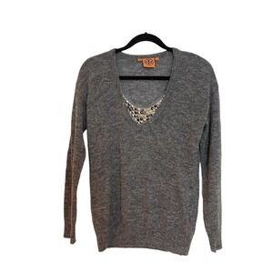 Tory Burch Wool Alpaca Blend Snap On Sequin Neck Pullover Sweater Gray Size XS